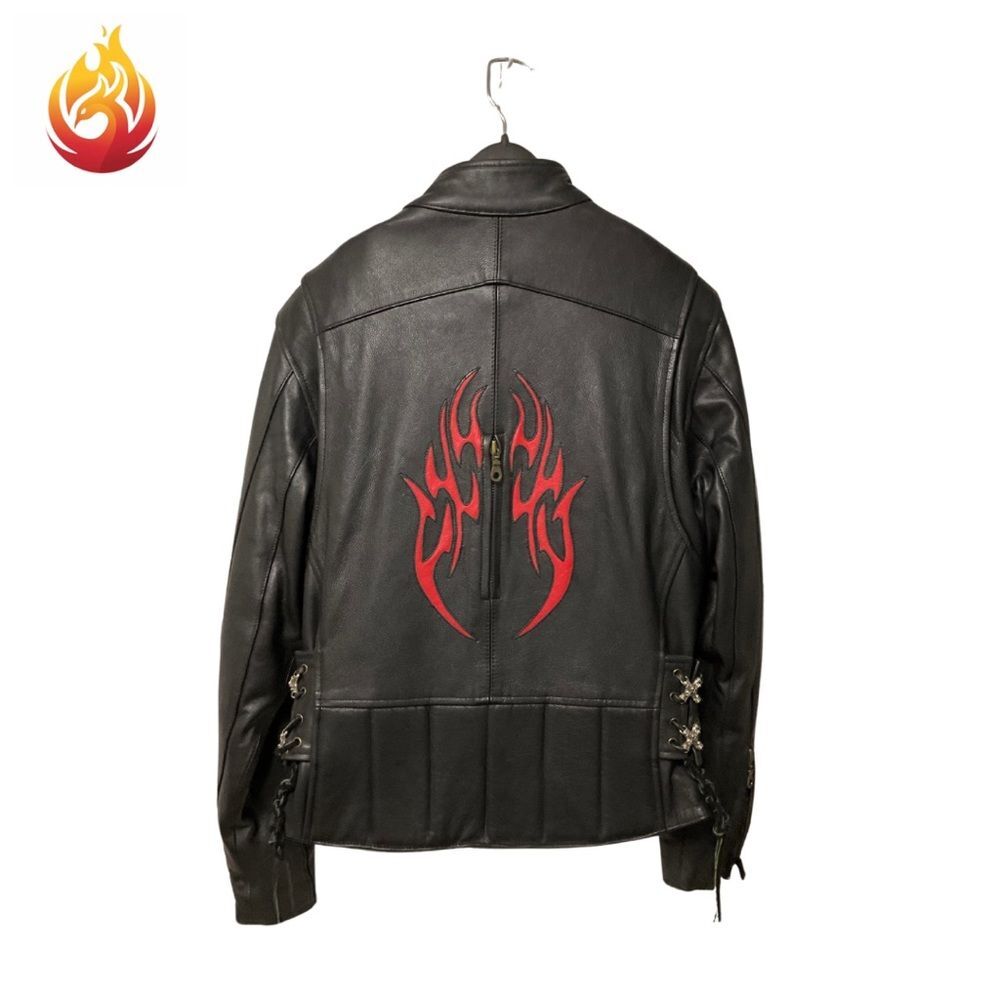 Leather Craft USA Black Motorcycle Jacket with Red  Tribal Detail XS - Picture 6 of 9